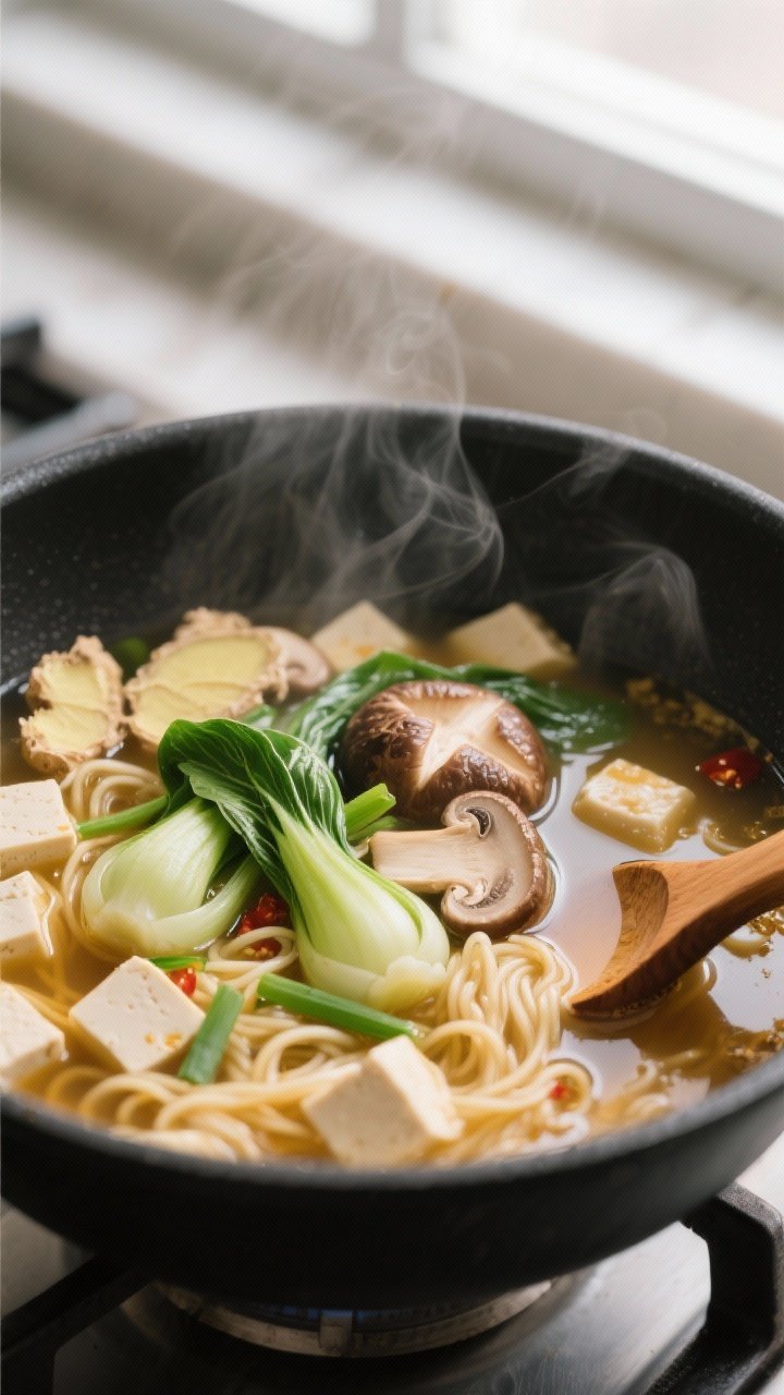 Cooking process, close-up detail: Close-up of simmering ginger miso noodle soup in a matte black pot