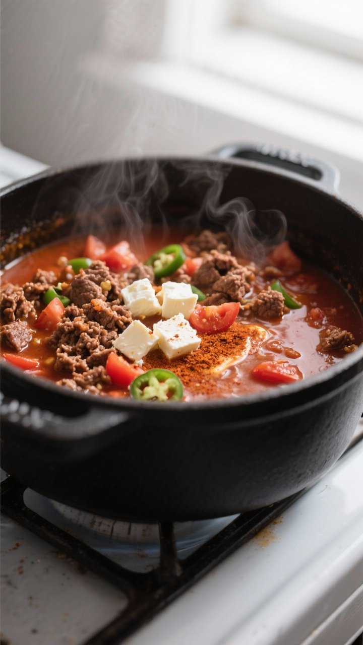 Cooking process, close-up detail: Close-up of spicy keto taco soup simmering in a matte black Dutch 