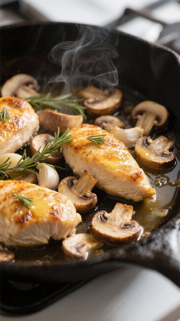 Cooking process, close-up detail: Golden-seared chicken breasts nestled in a skillet as sliced cremi