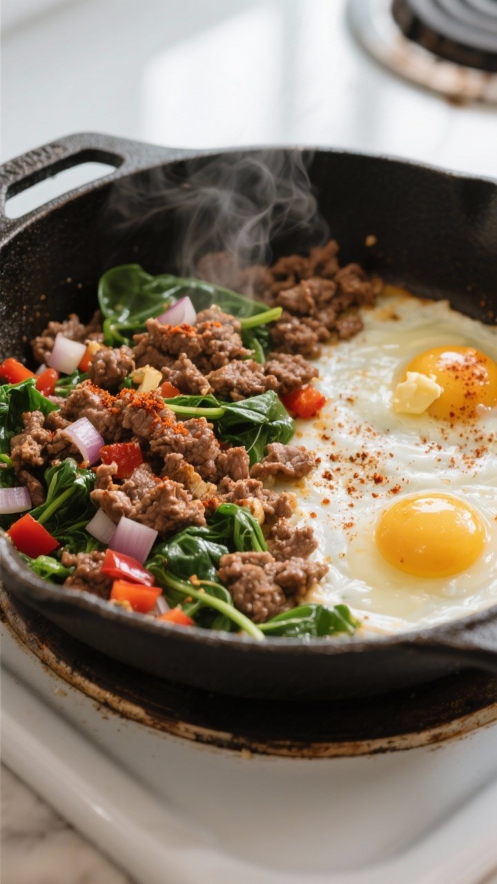 Cooking process, close-up detail: In-skillet keto ground beef breakfast scramble mid-cook, overhead 