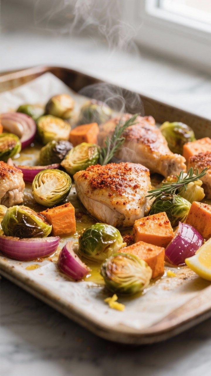 Cooking process, close-up detail: Roasted Brussels sprouts and sweet potato cubes on a parchment-lin