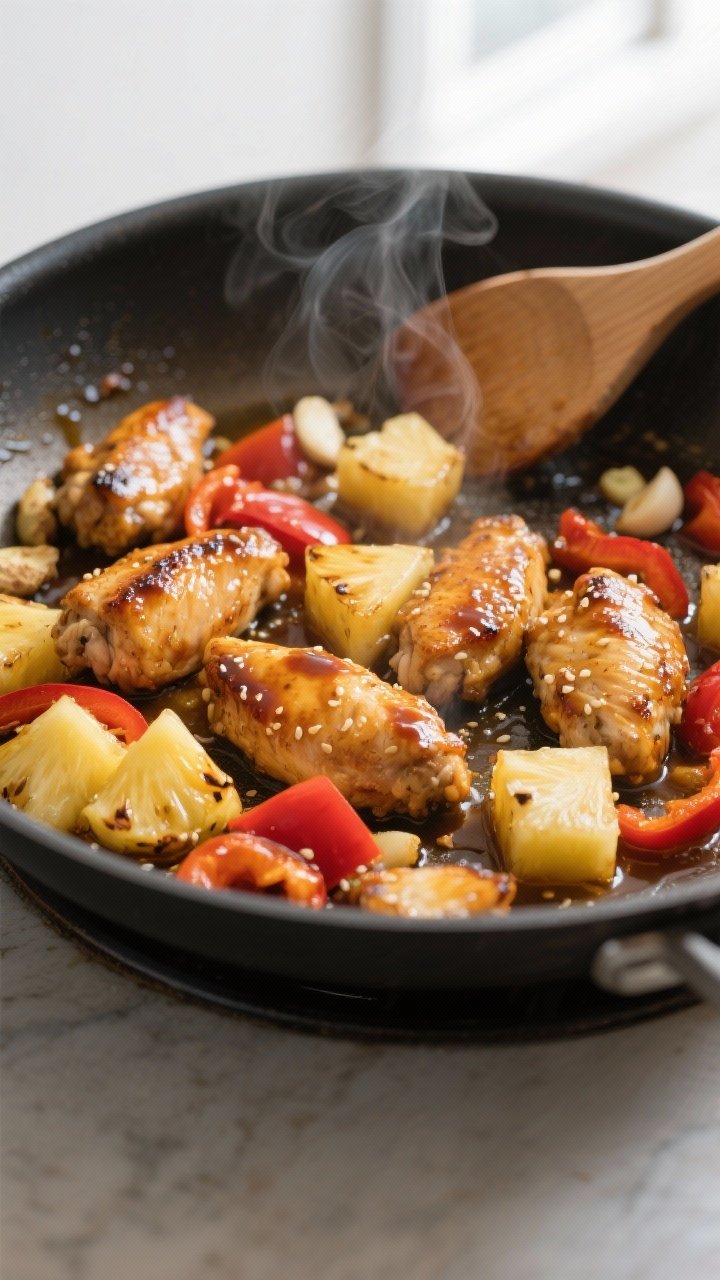 Cooking process, close-up detail: Searing teriyaki chicken in a large skillet, golden-browned 1-inch
