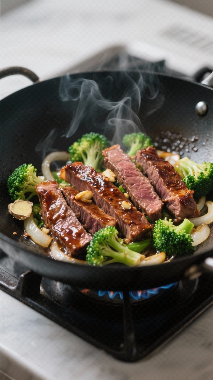Cooking process, close-up detail: Searing thinly sliced flank steak in a wok over medium-high heat, 