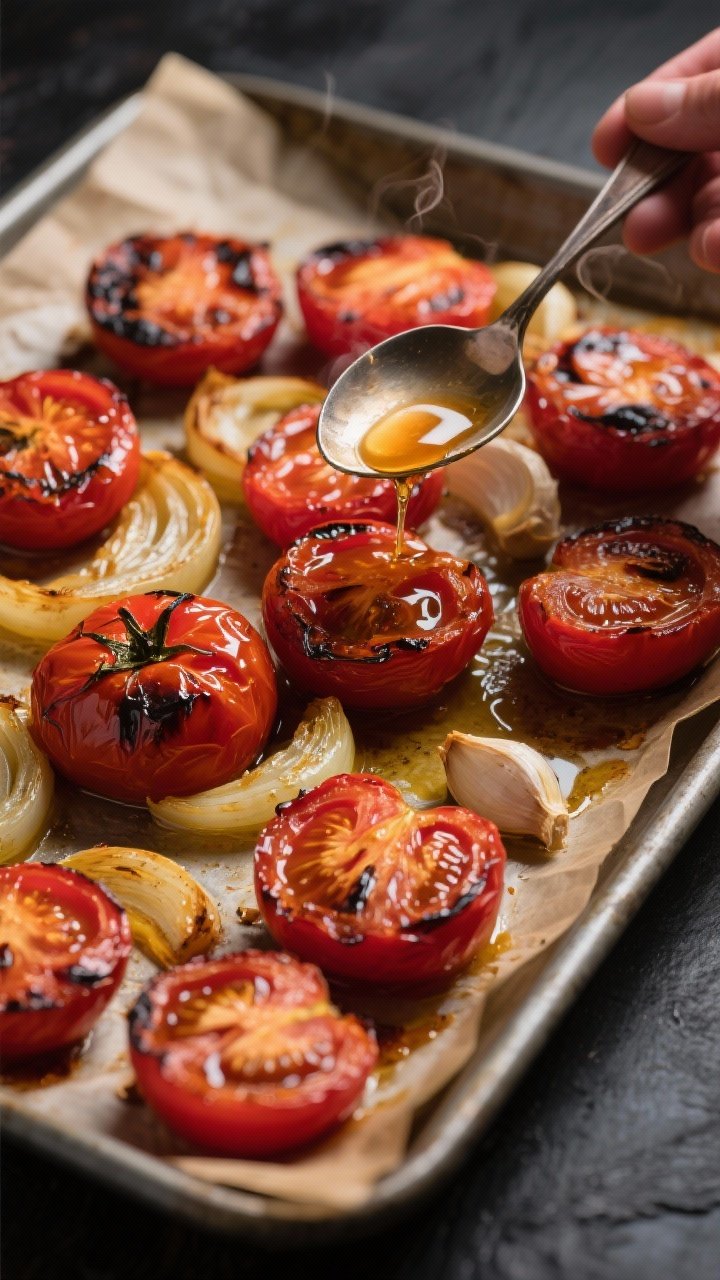 Cooking process, close-up detail: Sheet pan fresh from the oven with roasted, blistered halved tomat