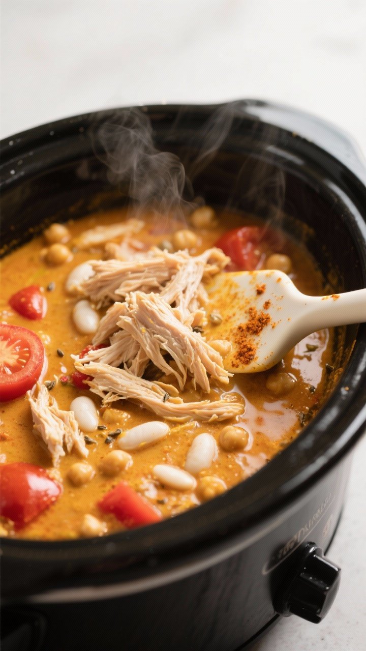 Cooking process, close-up detail: Shredded chicken being folded back into a creamy coconut curry chi