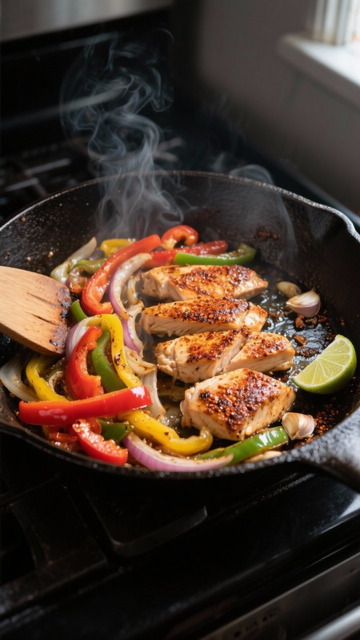 Cooking process, close-up detail: Sizzling chicken fajita skillet mid-cook in a 12-inch cast-iron pa