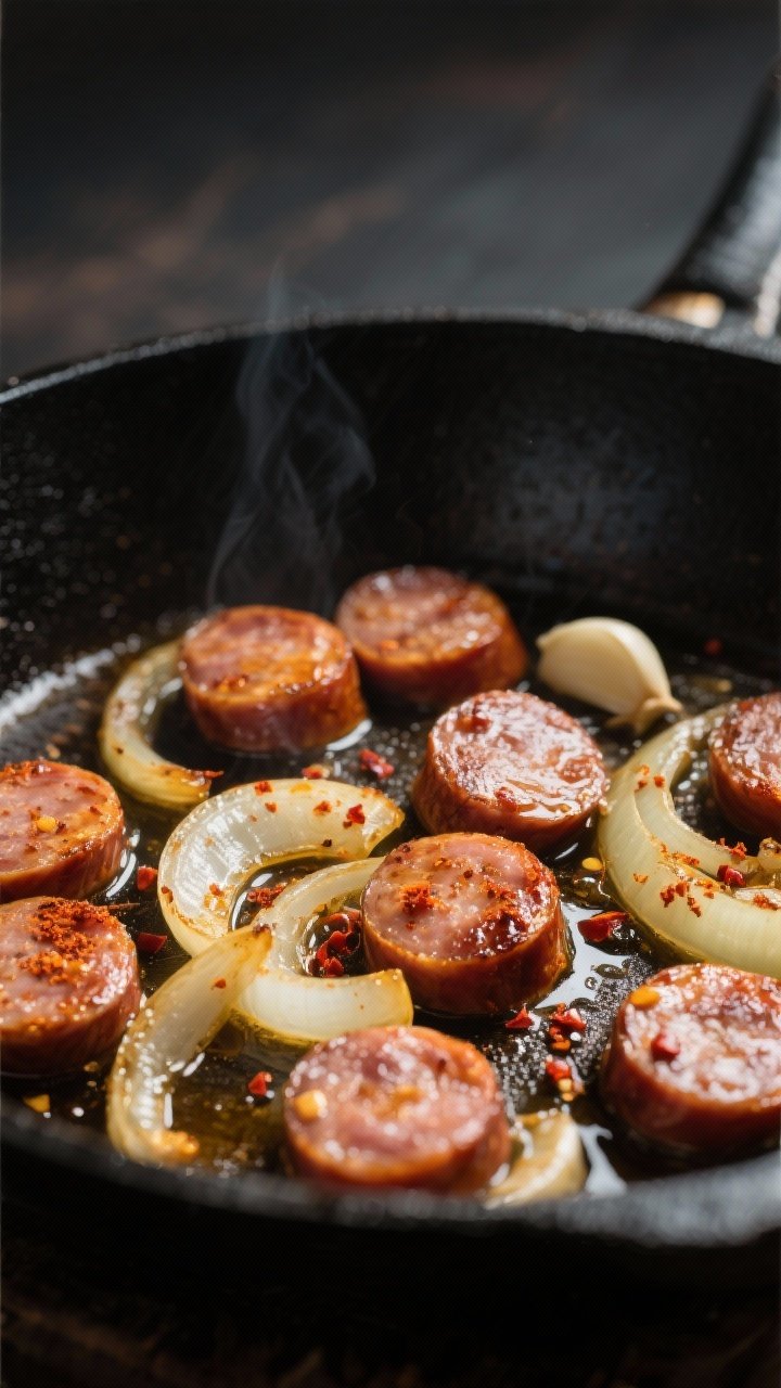 Cooking process, close-up detail: Sliced smoked sausage rounds sizzling in a large black skillet wit