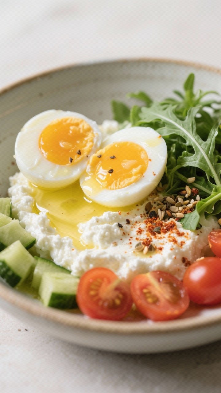 Cooking process, close-up detail: Soft-boiled eggs being halved over a prepared cottage cheese base