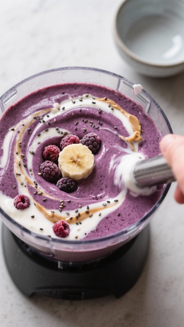 Cooking process, close-up detail: Thick Greek Yogurt Protein Smoothie base mid-blend in a high-speed