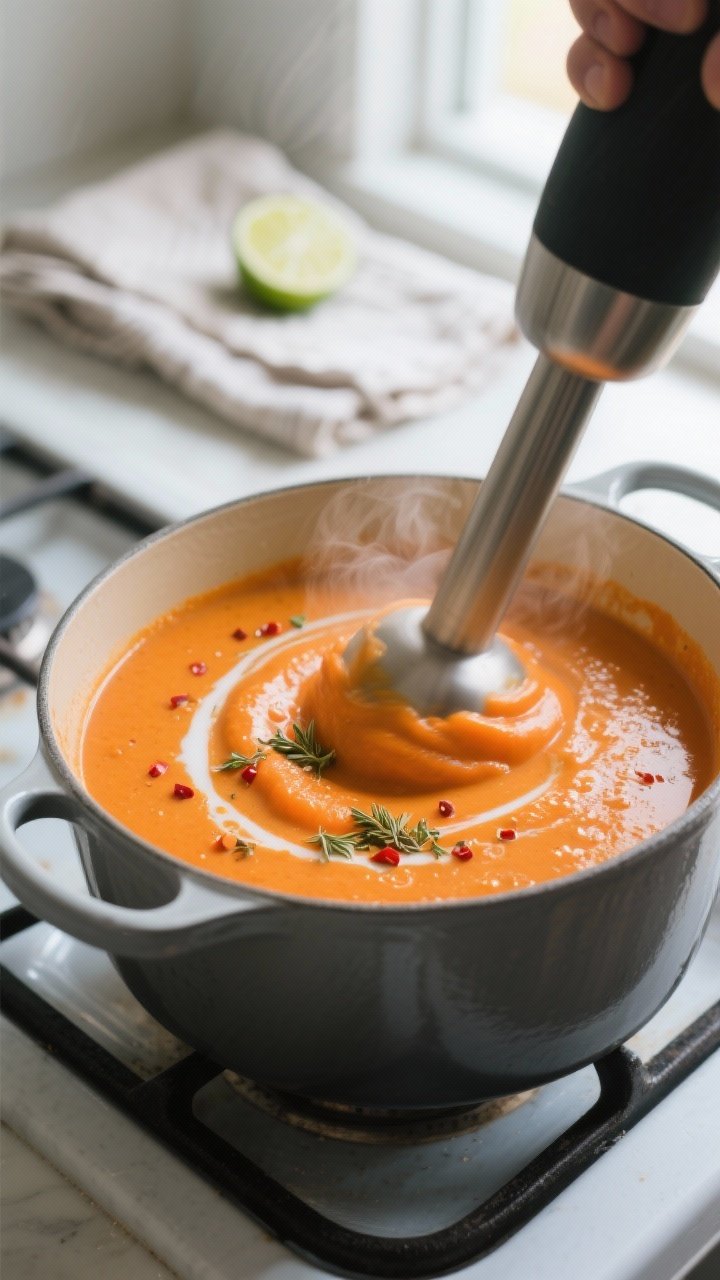 Cooking process, close-up detail: Velvety carrot coconut soup mid-blend in a Dutch oven, captured ju