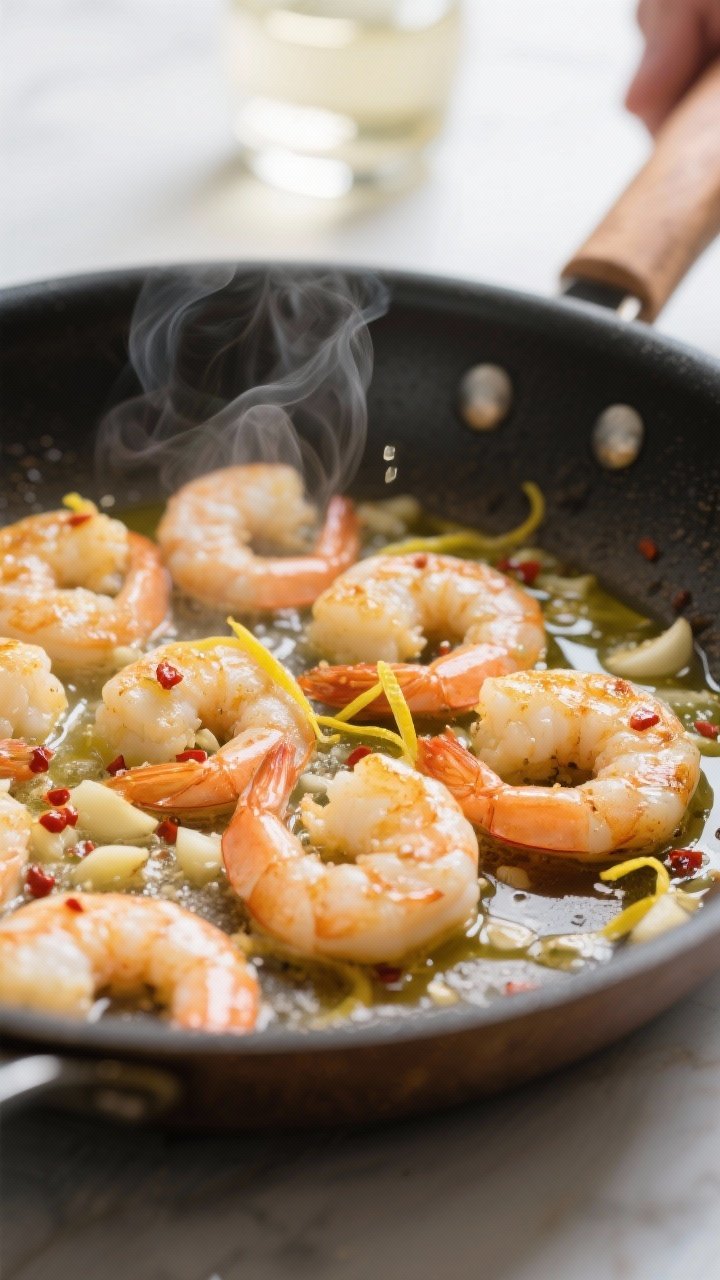 Cooking process close-up: Garlic butter shrimp sizzling in a large stainless skillet, shrimp seared 