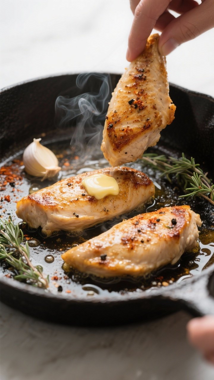 Cooking process close-up: Golden-browning chicken tenderloins searing in a preheated cast-iron skill