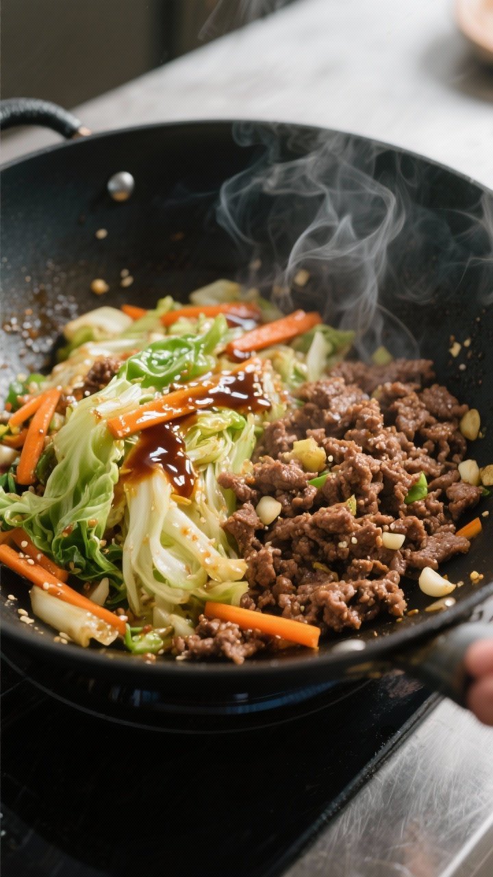 Cooking process close-up: Ground beef and cabbage stir-fry sizzling in a wide, black wok over medium