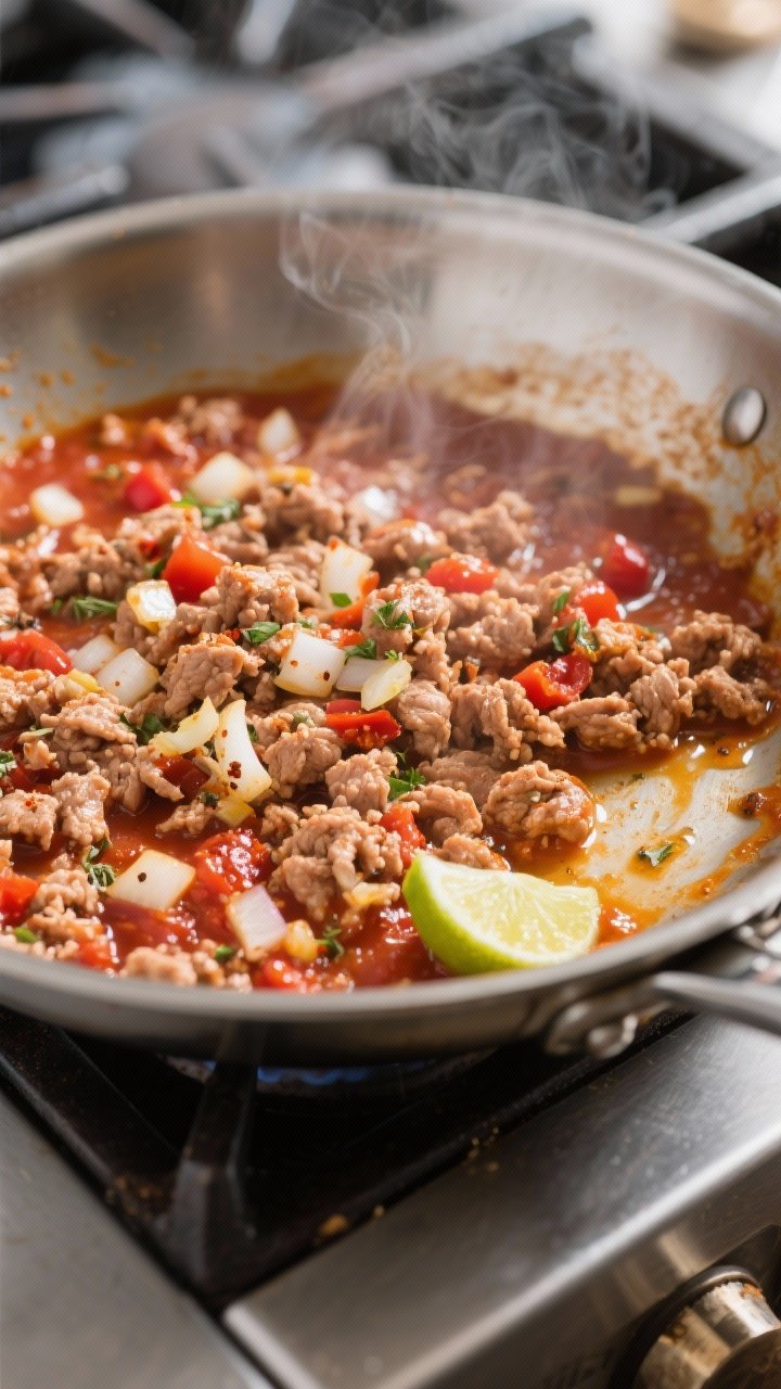 Cooking process close-up: Ground turkey taco filling sizzling in a wide stainless skillet, meat brow