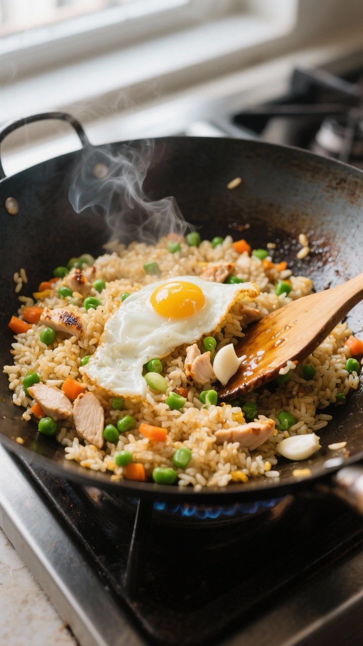 Cooking process close-up: High-protein breakfast fried rice sizzling in a carbon-steel wok over medi