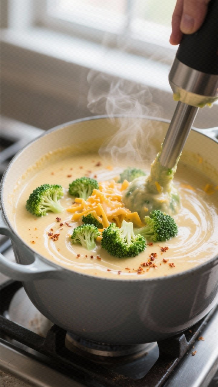 Cooking process close-up: Immersion blender partially pureeing tender, bright-green broccoli in a Du