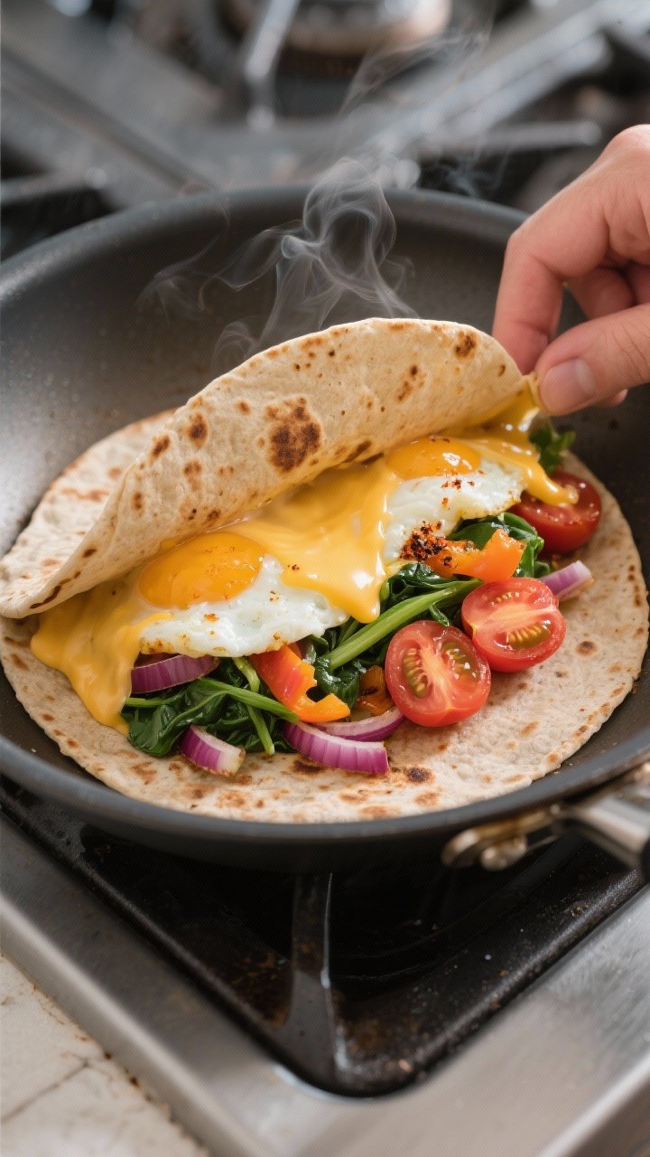 Cooking process close-up: In-pan egg white and veggie breakfast quesadilla being assembled mid-cook 