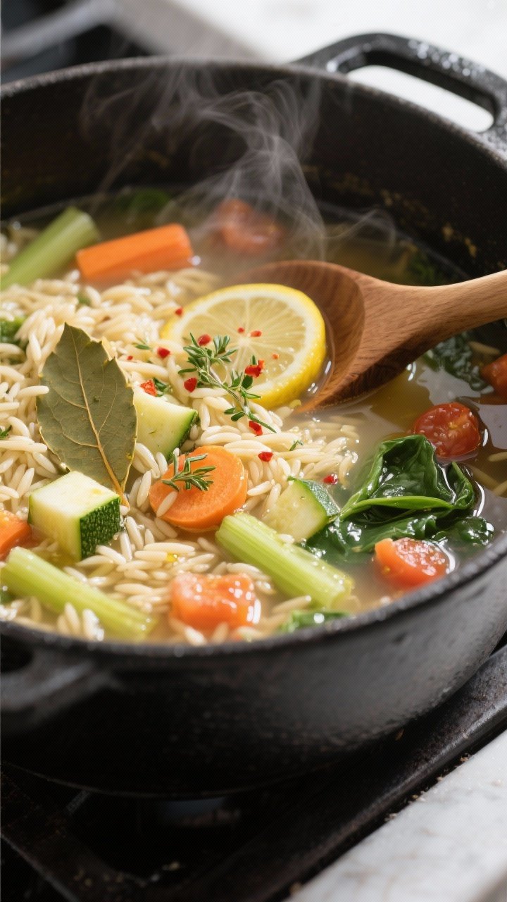 Cooking process – Close-up of lemony orzo vegetable soup simmering in a wide, matte-black Dutch ov