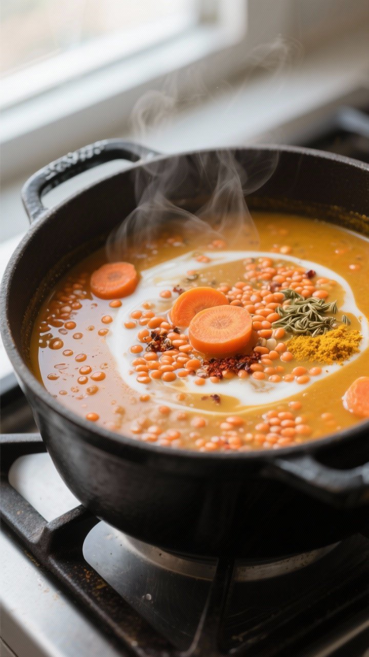 Cooking process close-up: Red lentil and carrot soup simmering in a wide, matte black Dutch oven, su