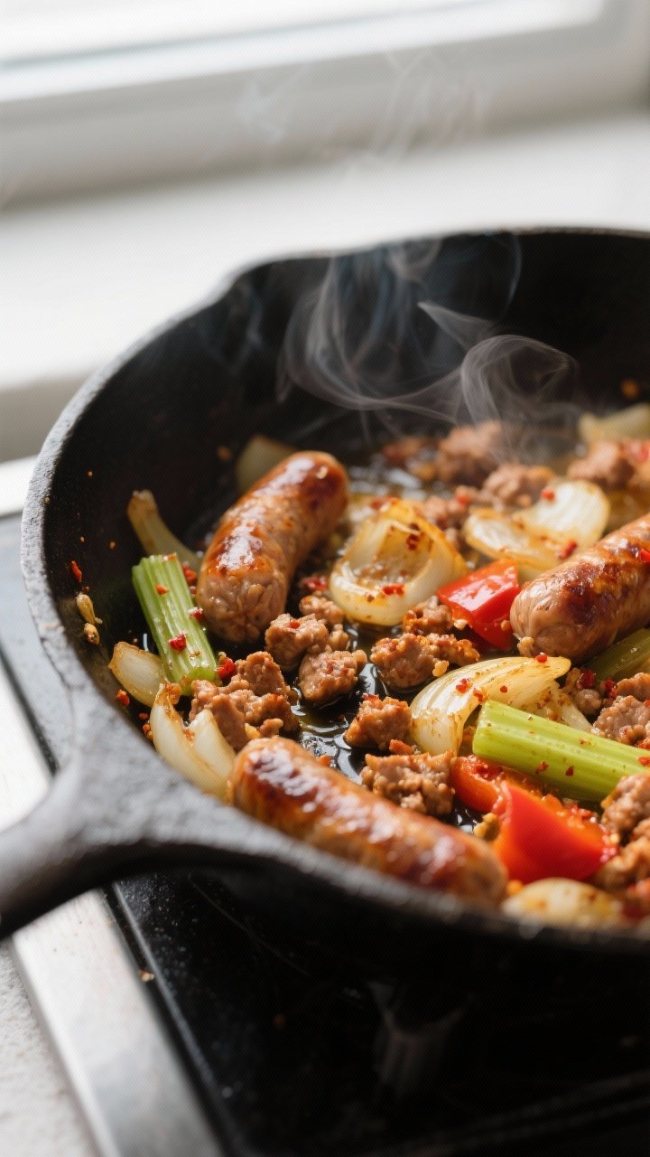 Cooking process close-up: Sausage and sautéed aromatics sizzling together in a skillet, golden-brow