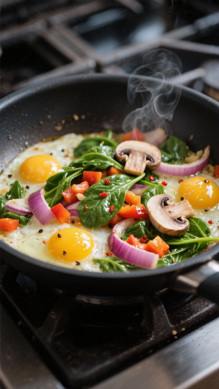 Cooking process close-up: Sautéed vegetable medley for egg muffins in a matte black skillet—softe