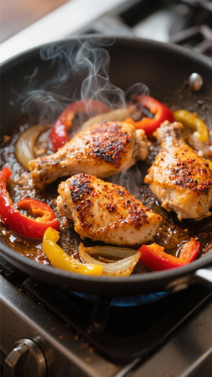 Cooking process close-up: Searing Cajun-seasoned chicken pieces in a large skillet, golden-brown cru