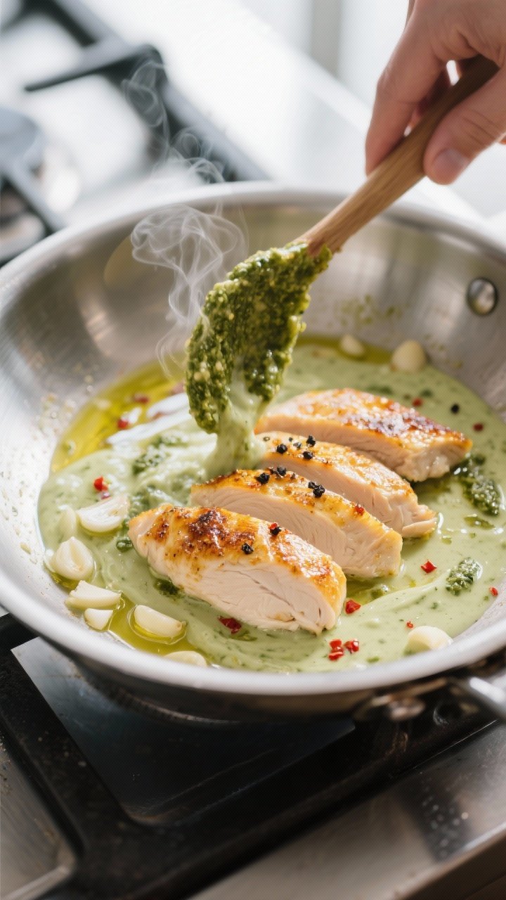 Cooking process, close-up: Searing thinly sliced chicken in a wide stainless-steel skillet, golden-b