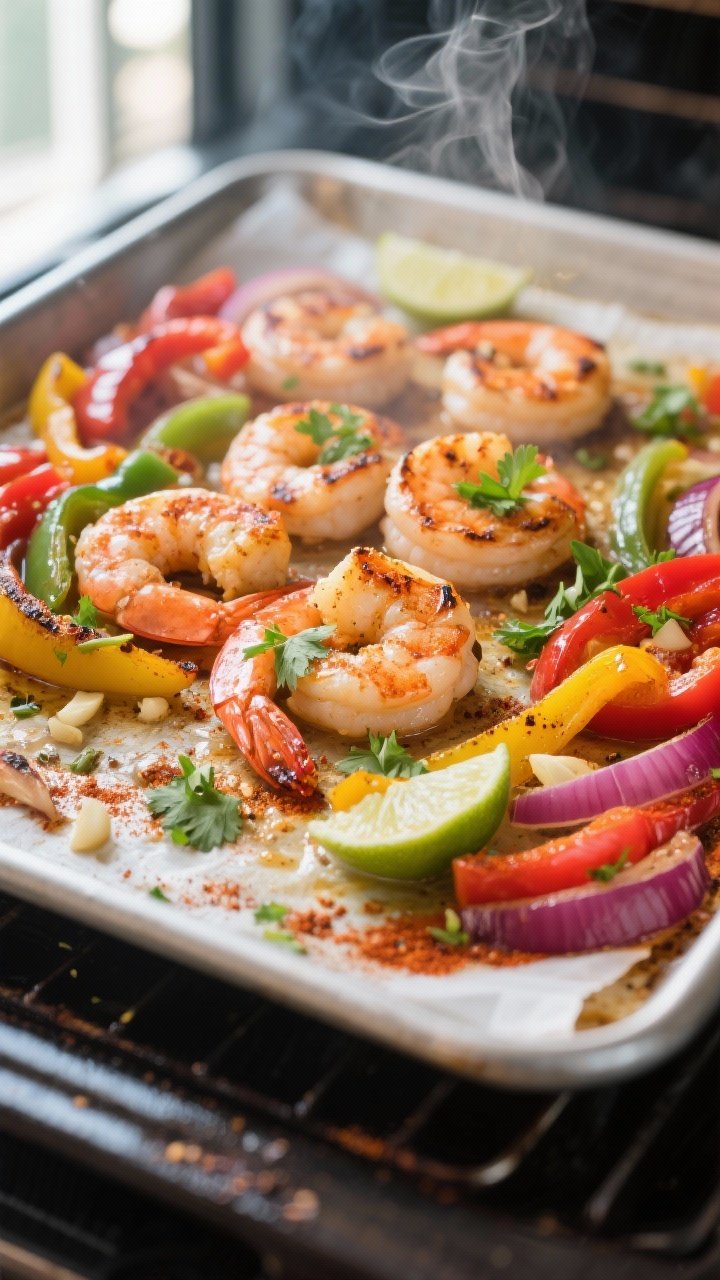 Cooking process close-up: Sheet pan shrimp fajitas midway through roasting at 450°F — sizzling, l