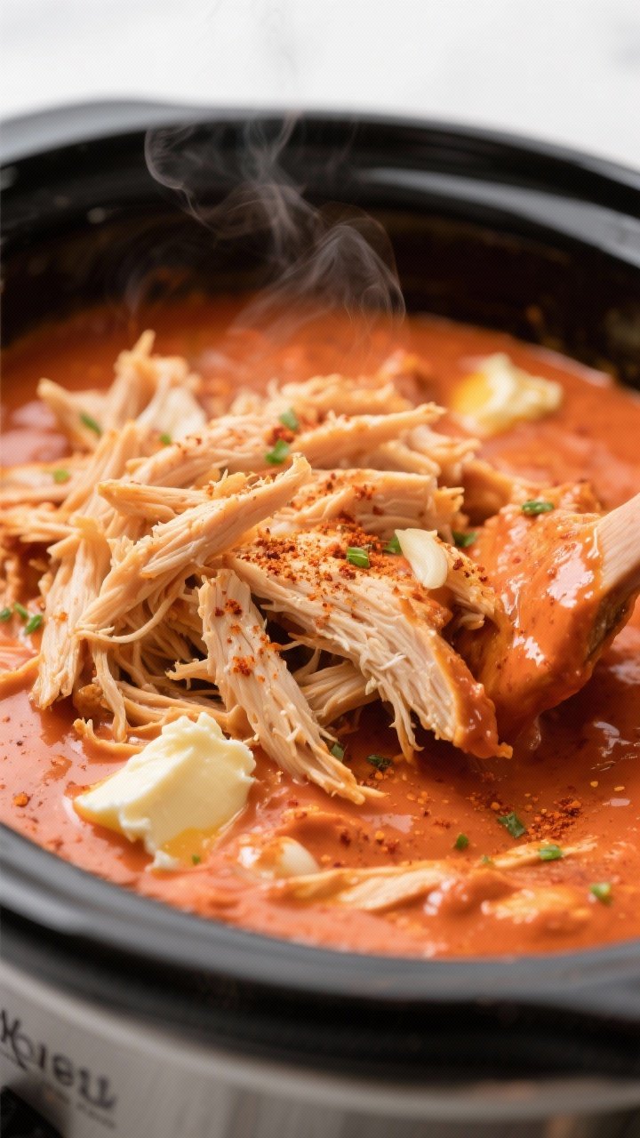 Cooking process, close-up: Shredded Buffalo chicken being folded back into a velvety, orange-red cre