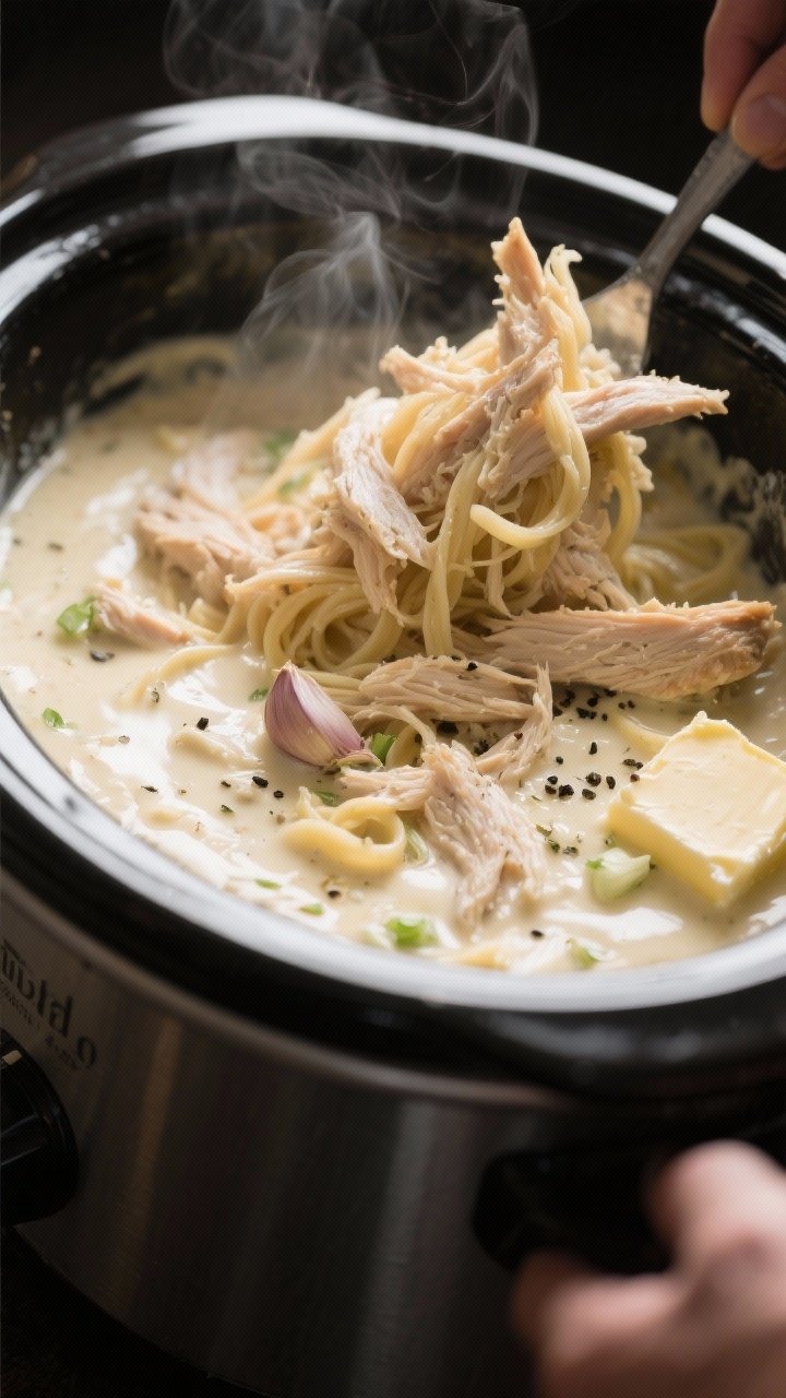 Cooking process close-up: Shredded slow-cooked chicken being folded back into a glossy Alfredo sauce