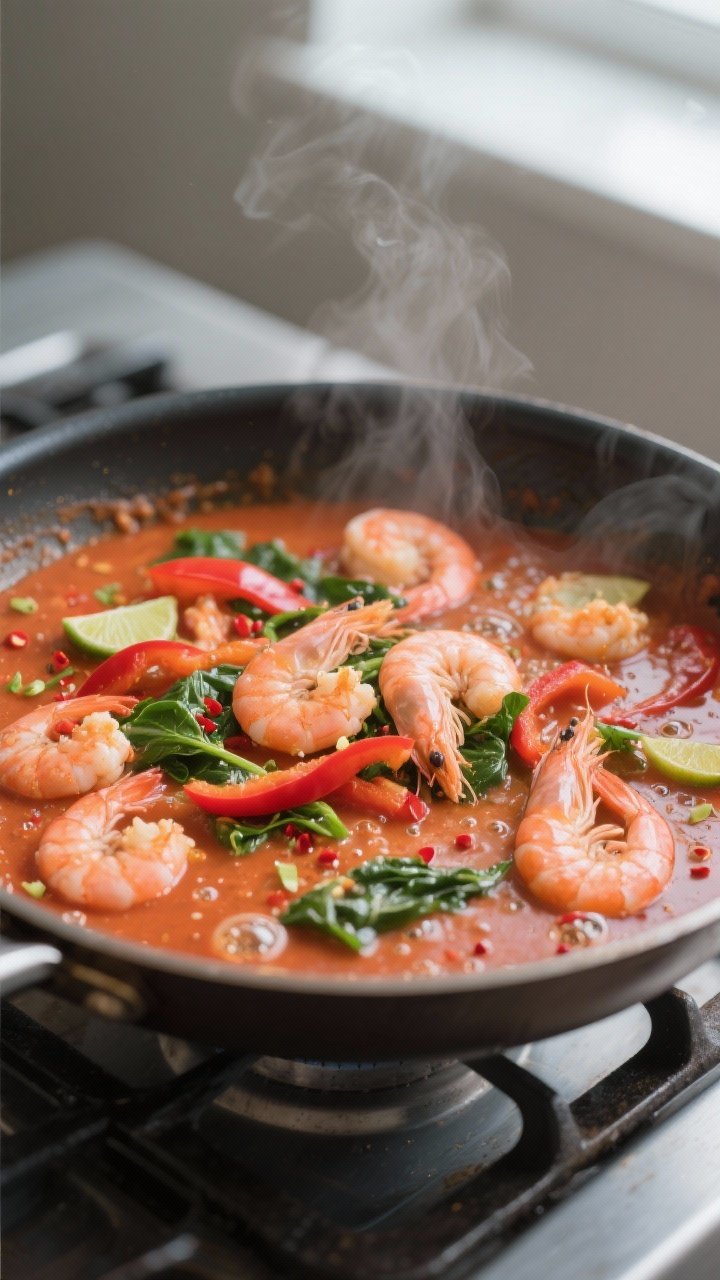 Cooking process close-up: Shrimp simmering in a creamy red coconut curry sauce in a wide stainless s