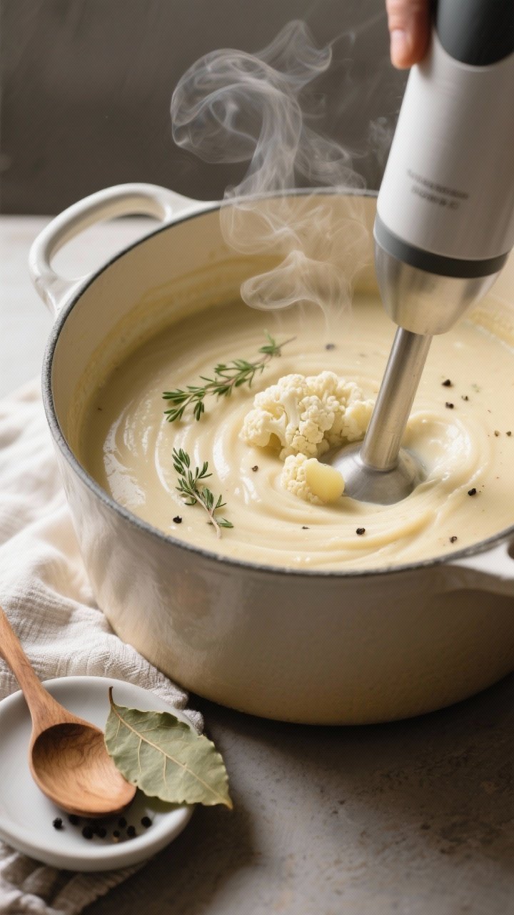 Cooking process close-up: Silky cauliflower potato leek soup being blended directly in a Dutch oven 
