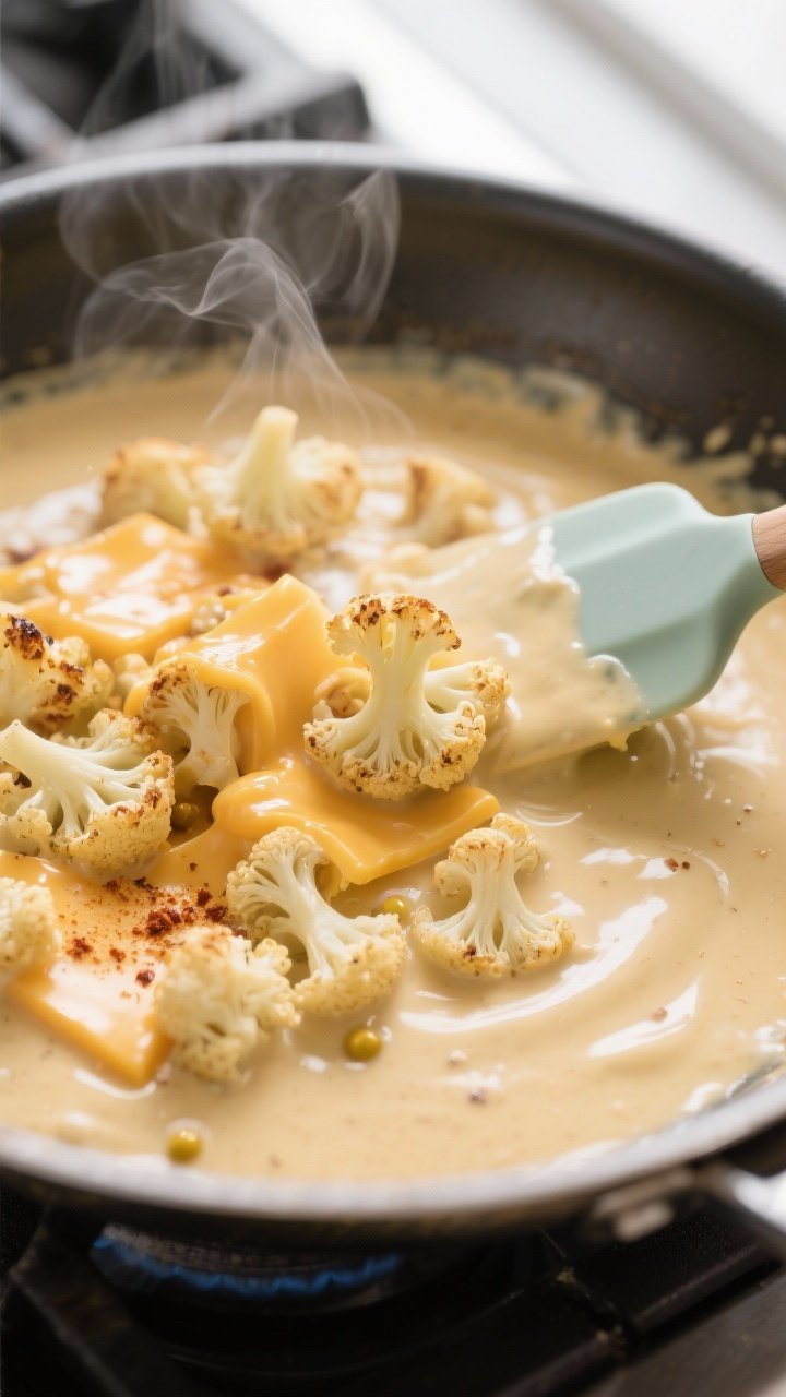 Cooking process close-up: Silky cheese sauce being whisked in a wide stainless skillet over low heat