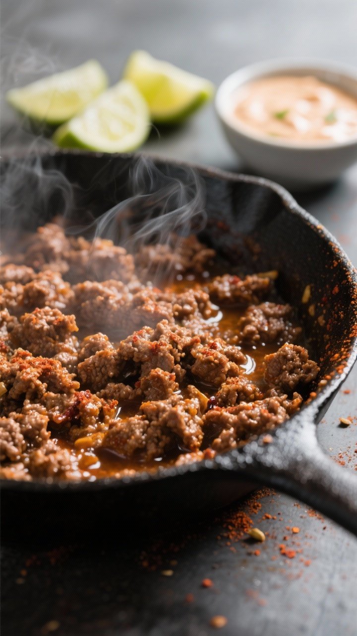 Cooking process close-up: Sizzling taco-seasoned ground beef in a black cast-iron skillet, glistenin