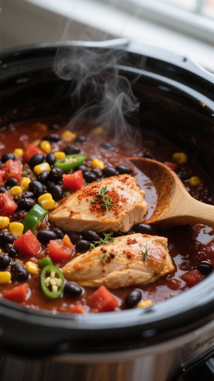 Cooking process, close-up: Slow cooker black bean and corn chicken chili mid-cook, overhead close-up