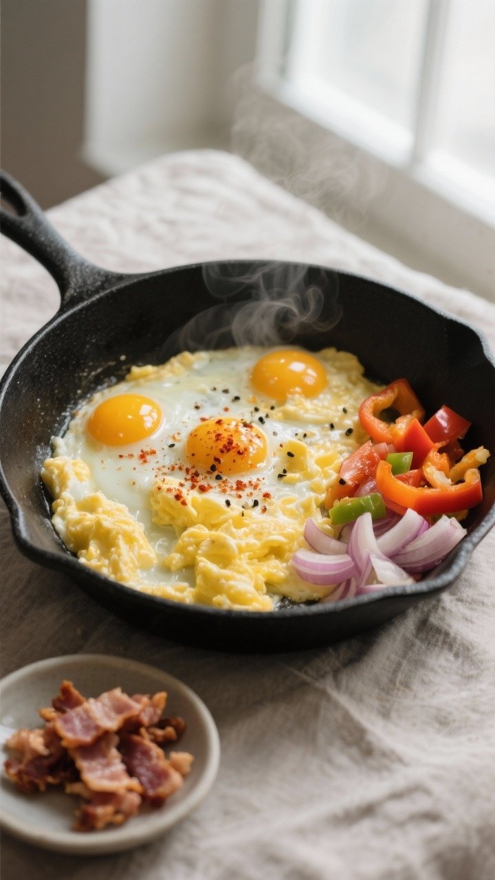 Cooking process close-up: Soft-scrambled eggs being gently folded in a nonstick skillet over medium-