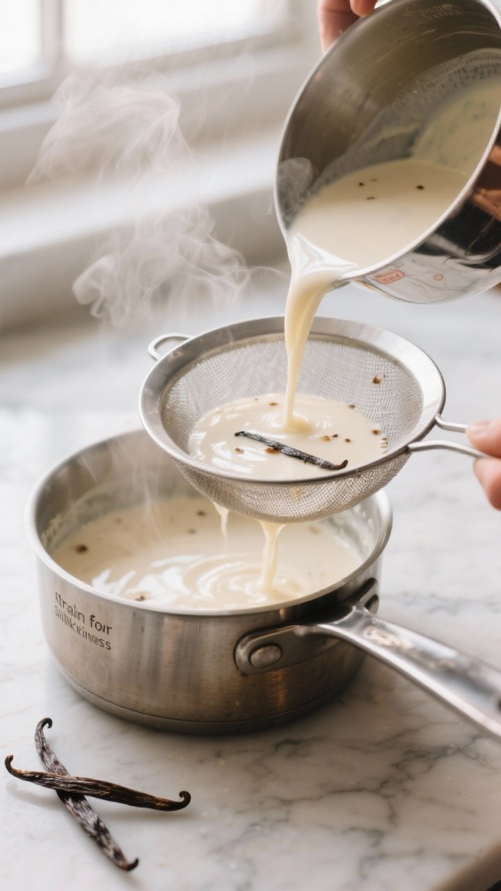 Cooking process close-up: Steaming-hot saucepan of keto vanilla panna cotta base just off the heat, 