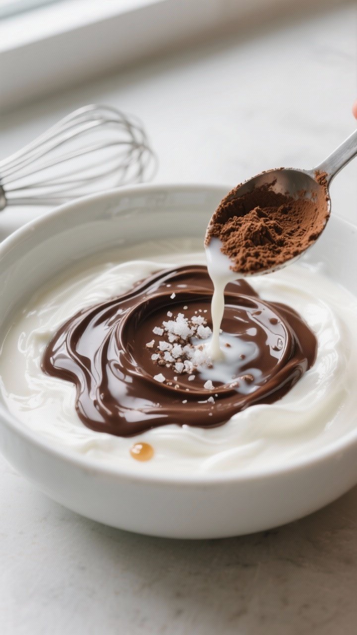 Cooking process close-up: Thick Greek yogurt in a matte white bowl being whisked with cocoa powder a