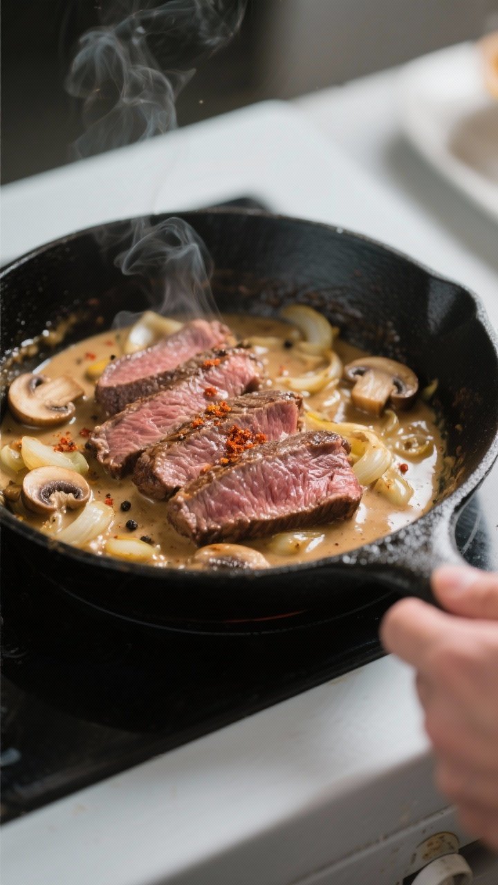 Cooking process close-up: Thinly sliced seared beef being returned to a wide skillet of glossy, crea