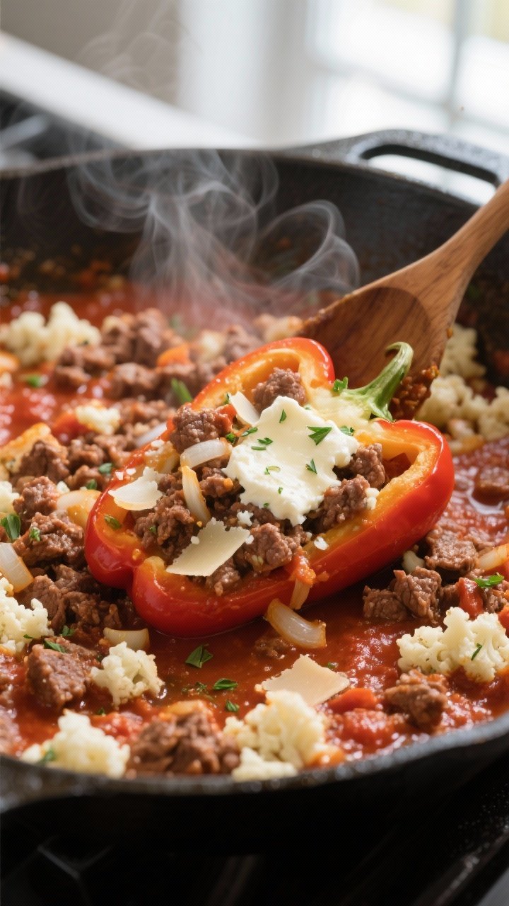 Cooking process: Filling for low-carb stuffed peppers sizzling in a wide skillet—crumbled browned 