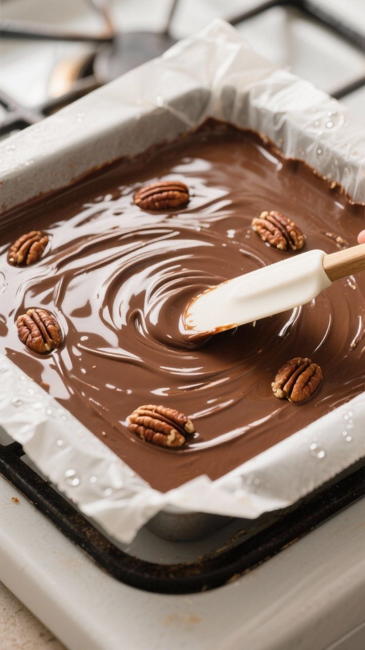 Cooking process: Keto chocolate fudge mixture just poured into a lined 8x8 pan, warm and pourable, b