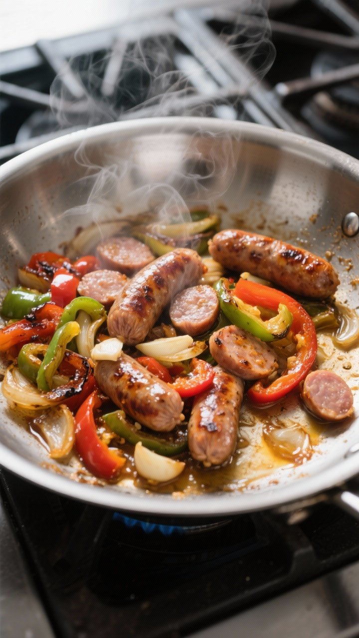 Cooking process: Keto sausage and peppers mid-sauté in a stainless-steel skillet right after deglaz