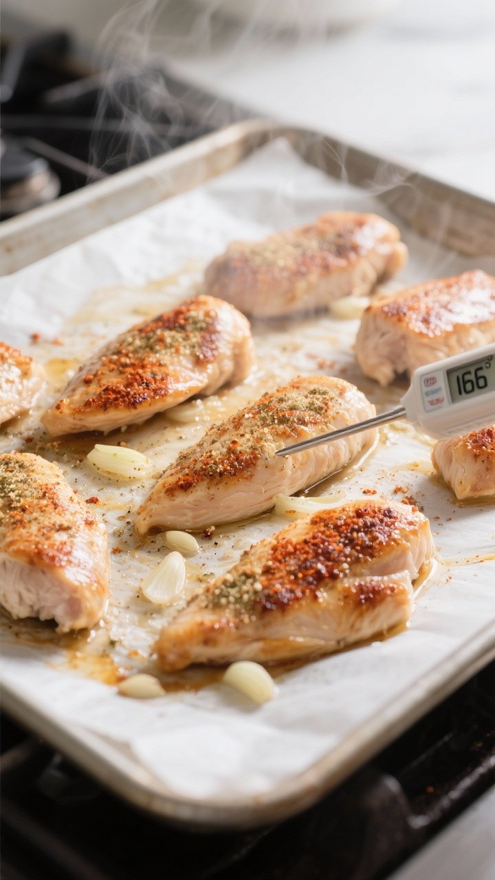 Cooking process: Mid-bake scene of chicken tenderloins on a parchment-lined sheet pan at 425°F, fli