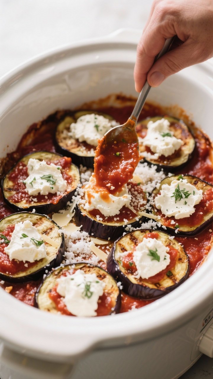 Cooking process: Mid-cook layering scene inside the greased slow cooker—an even layer of seared eg