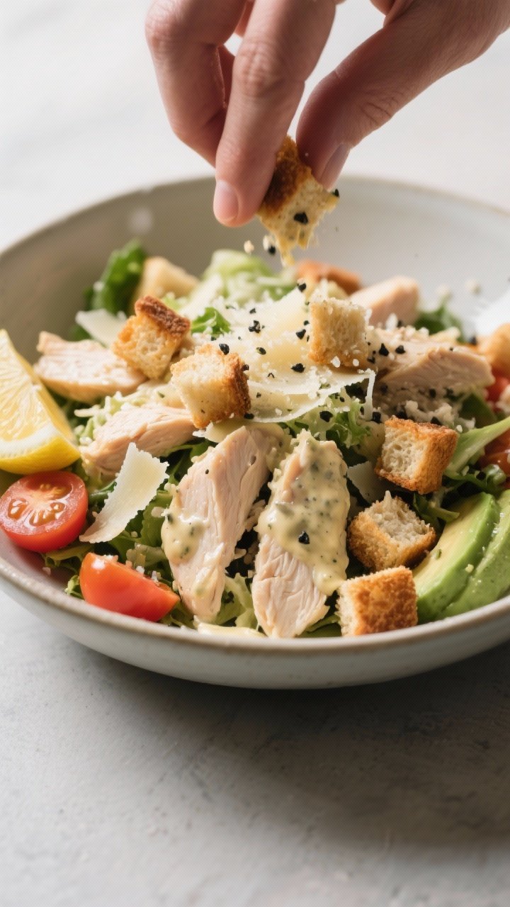 Cooking/process moment: Tossed chicken Caesar filling in a wide, shallow bowl—bite-size cooked chi
