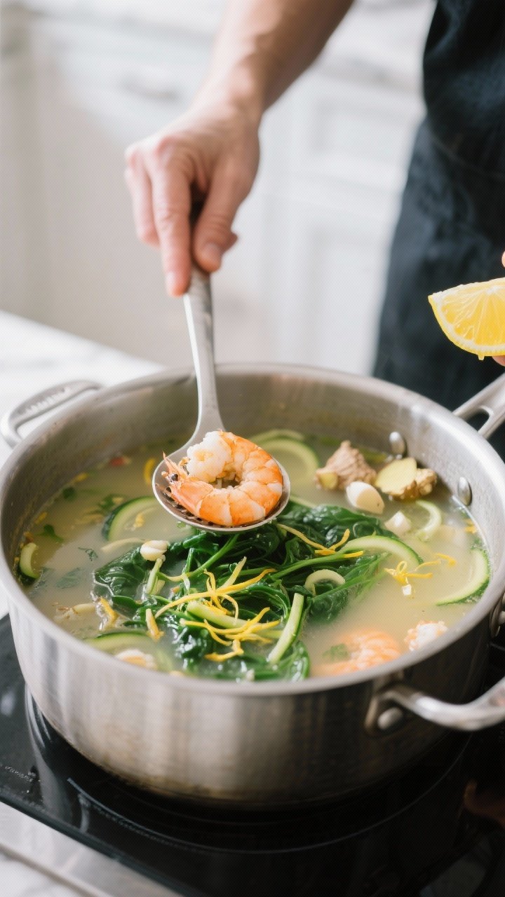 Cooking process: Over-the-shoulder shot of the soup in a wide stainless pot at a gentle simmer, shri