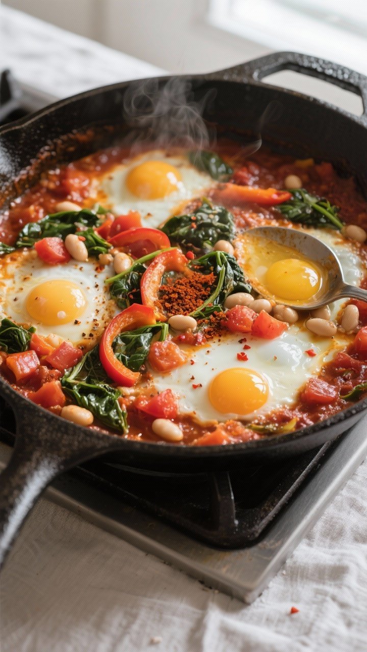 Cooking process, overhead: A wide cast-iron skillet of simmering veggie shakshuka on the stovetop, s