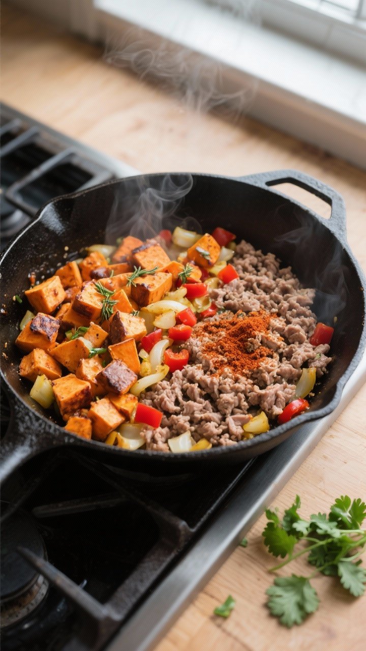 Cooking process, overhead action shot: Overhead shot of a large cast iron skillet on a stovetop with