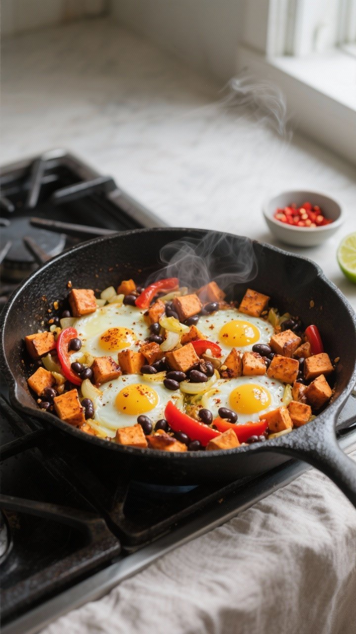 Cooking process, overhead: Overhead shot of a cast-iron skillet on the stovetop showing the sweet po