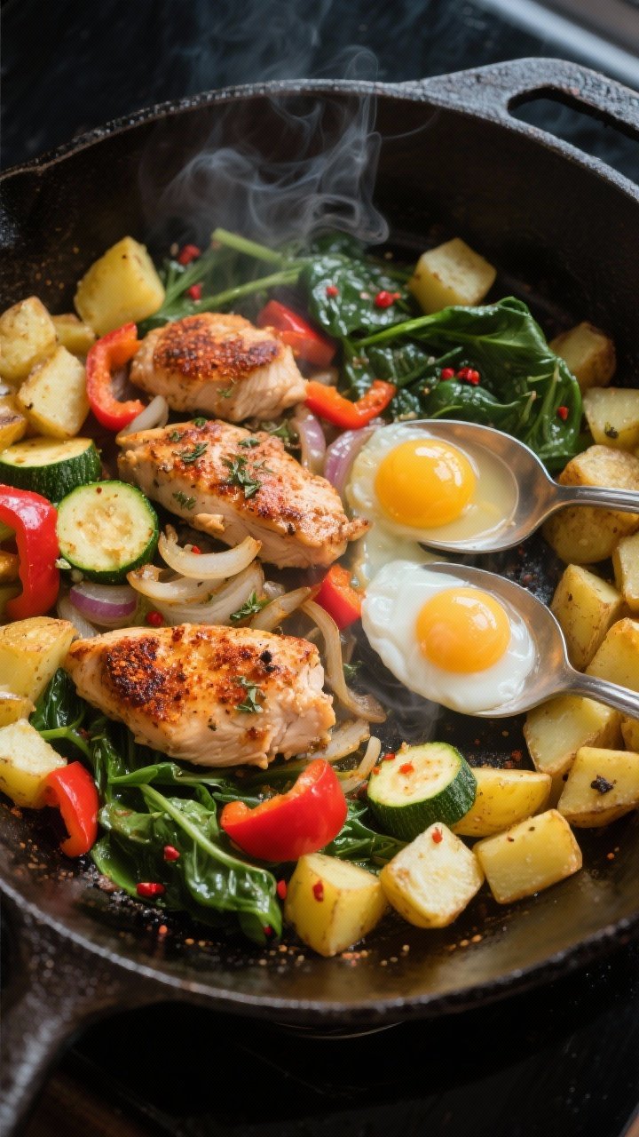 Cooking process, overhead: Overhead shot of a cast-iron skillet on medium heat showing the Chicken a